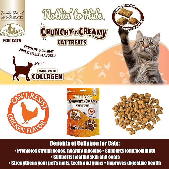 Fieldcrest Farms Nothin’ to Hide Collagen Cat Treats – Chicken Flavor Crunchy & Creamy Cat Snacks, High-Protein Treats for Healthy Skin, Coat & Joints, 3 oz Bag (Pack of 4)