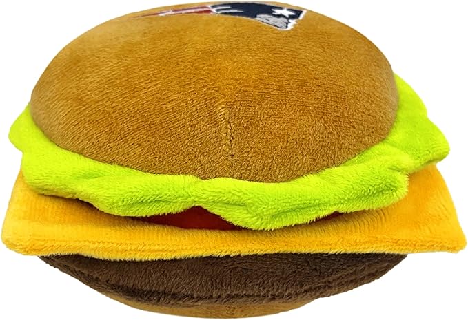 NFL New England Patriots Cheese Burger Plush Dog & CAT Squeak Toy - Cutest Stadium HAMBERGER Snack Plush Toy for Dogs & Cats with Inner Squeaker & Beautiful Football Team Name/Logo