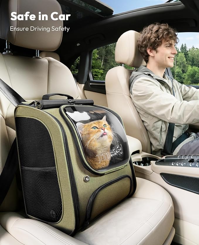 Pecute Cat Backpack Carrier, Large Space Cat Bubble Backpack, Breathable Cat Carrier, Shaded Dog Backpack Carrier, Ergonomic 3D Design for Travel, Hiking, Walk, Suitable for Shopping, Car, Vet, Green