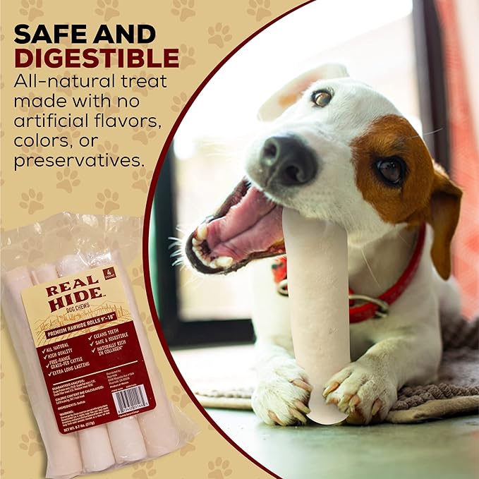 Real Hide All Natural Dog Chew Treats - Premium Rawhide Rolls, 9-10 Inch - Long Lasting Grass Fed Free Range Beef Hide for Medium/Large Dogs - 4 Count