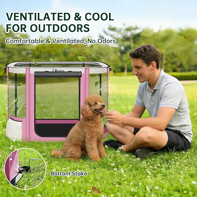 Siedihit Dog Cat Playpen Crate with Washable Pee Pad, Reinforced Durable Dog Cage, Portable Foldable Pet Kennel with Breathable Visibility (Pink, Large)