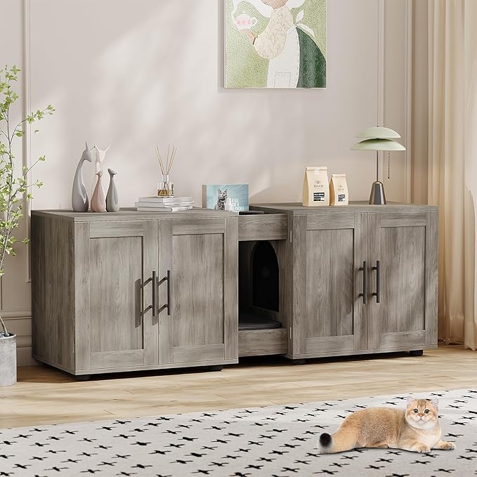Cat Litter Box Enclosure for 2 Cats,55" Large Hidden Litter Box Furniture with Barn Door & Double Rooms,Modern Indoor Pet House TV Stand Side Table,Cats Washroom,for Bedroom Living Room,Grey