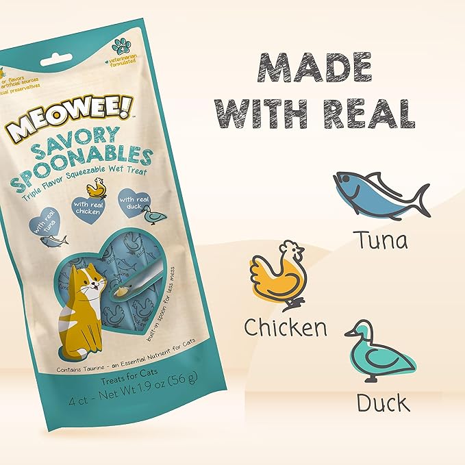 MEOWEE! Savory Spoonables with Real Tuna, Chicken & Duck, 4 Count Tube, Triple Flavor Squeezable Lickable Wet Treats for Cats with Built-in Spoon for Less Mess