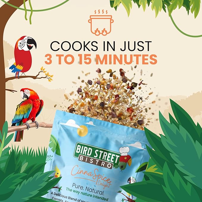 Bird Street Bistro Parrot Food for Parakeets & Cockatiels - CinnaSpice - 24 oz - Cooks in 3-15 min, Natural Grains, Fruits & Vegetables - USA Made
