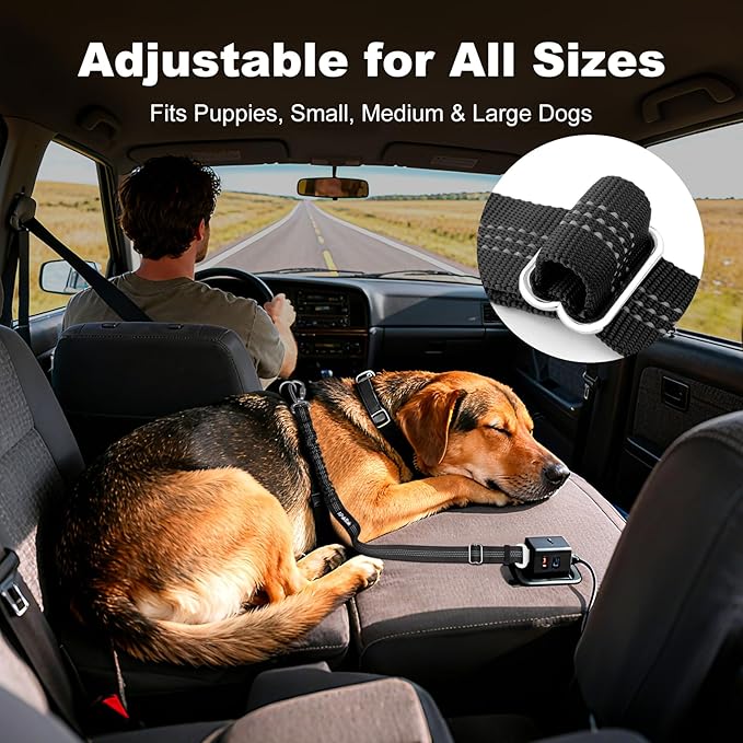 Dog Seat Belt for Car, Adjustable Dog Car Harness Seatbelt for Small Medium Large Dogs, Heavy Duty Travel Safety Restraint with Locking Aluminum Hook & Reflective Nylon Strap, Black