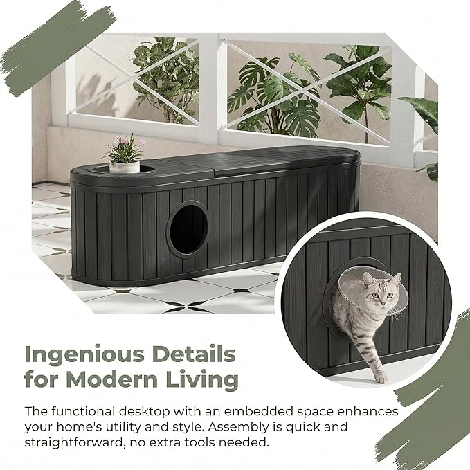 Large Cat Litter Box Enclosure with Hidden Cat Bed, 2-in-1 Resin Cat House Furniture with Flip-Top Lid & Dual-Way Swing Door, Multi-Functional Side Table Bench for Living Room, Easy-Clean Odor Control