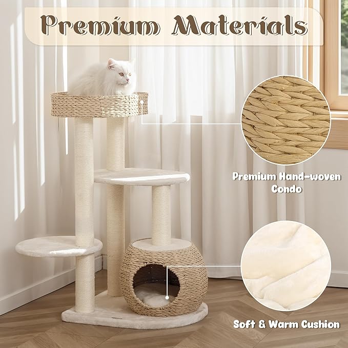 KAMABOKO Modern Cat Tree, Cat Trees for Indoor Cats w/Natural Sisal Scratching Posts, Hand-Woven Condo & Top Perch, 39" Tall Cat-Tree for Kittens Climb Play & Rest