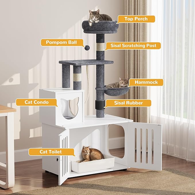 YITAHOME Cat Tree with Litter Box Enclosure, 2-in-1 Cat Furniture, Modern Cat Condo with Cat House, Perch, Food Station, Hammocks, Scratch Post, Hair Brush, 53.5 Inch, White