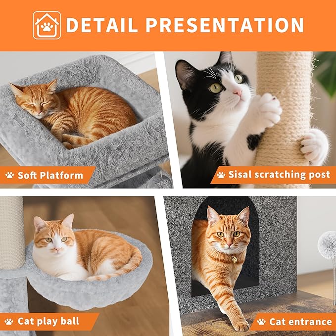 Litter Box Enclosure with Cat Tree, 2 in-1 Modern Cat Tower, Hidden Washroom Furniture, Wood Cat Condo with Scratching Post and Hammock, Indoor Pet Furniture with Multiple Platform, Rustic Brown