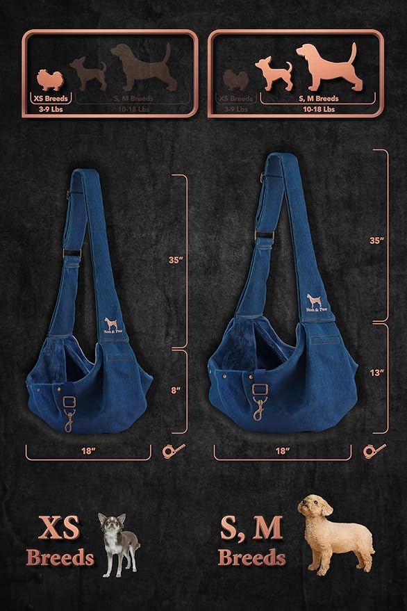 Noah & Paw Dog Sling Carrier for Small Dogs 5-18lb, Dog Sling for Small Dogs and Cats, Dog Carrier with Adjustable Padded Strap, Premium Denim, Lined with Fur, Double Safety Feature, Machine Washable