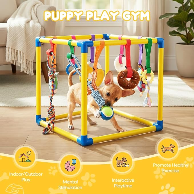 Puppy Play Gym with 10 Hanging Toys, 19.6" Dog Jungle Gym PVC Frame with 10 Interactive Enrichment Toys & Straps for Small Dogs Cats, Indoor Funny Puppy Gym Pet Supplies Essentials