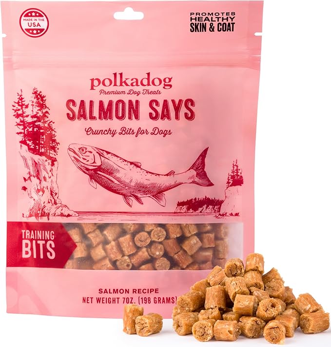 Polkadog Salmon Says Crunchy Training Bits - All Natural, Limited Ingredient, Premium Training Treats for Dogs, Omega-3 Rich. Great for Allergies, Handcrafted in USA - 7oz (1pk)