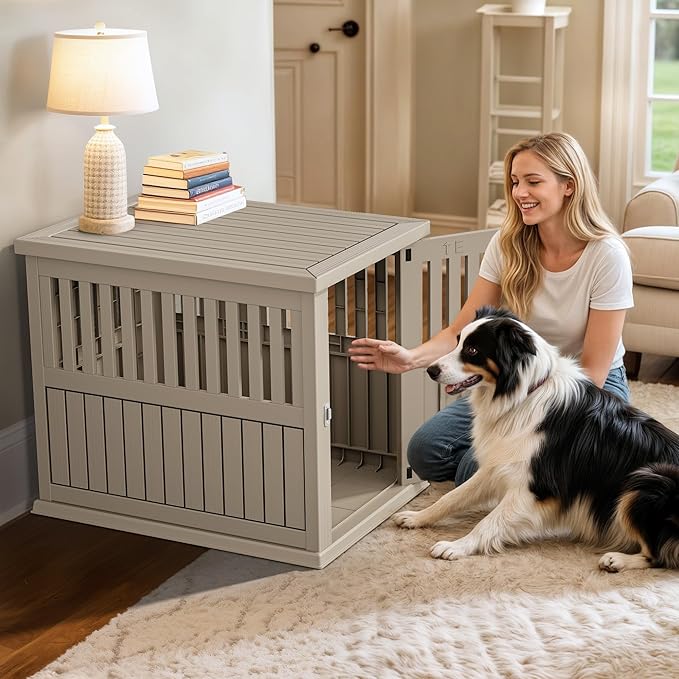 YITAHOME Plastic Dog Crate, Furniture-Style Nightstand & Side Table, Waterproof Indoor Kennel for Small to Medium Dogs, Brown
