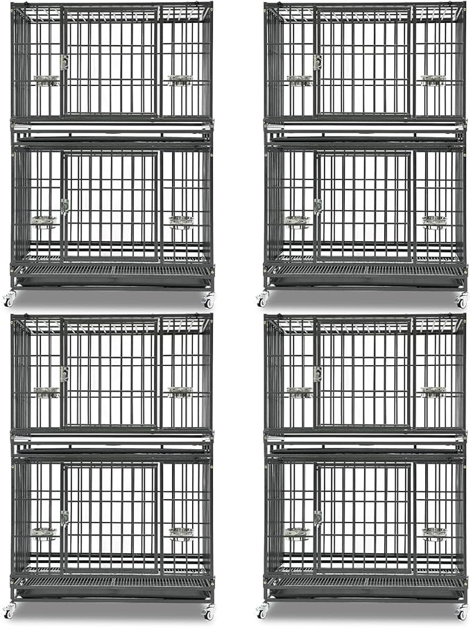 Homey Pet Two Tiers 37 Inch Dog Crate Cage Kennel with Feeding Bowls, Lockable Wheels and Removable Tray, Escape Proof Metal Wire Heavy Duty Dog Crates for Medium/Small Sized Dogs (4 Pack)