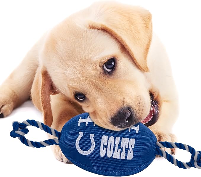 Pets First NFL Indianapolis Colts Football Dog Toy, Tough Quality Nylon Materials, Strong Pull Ropes, Inner Squeaker, NFL Team Color