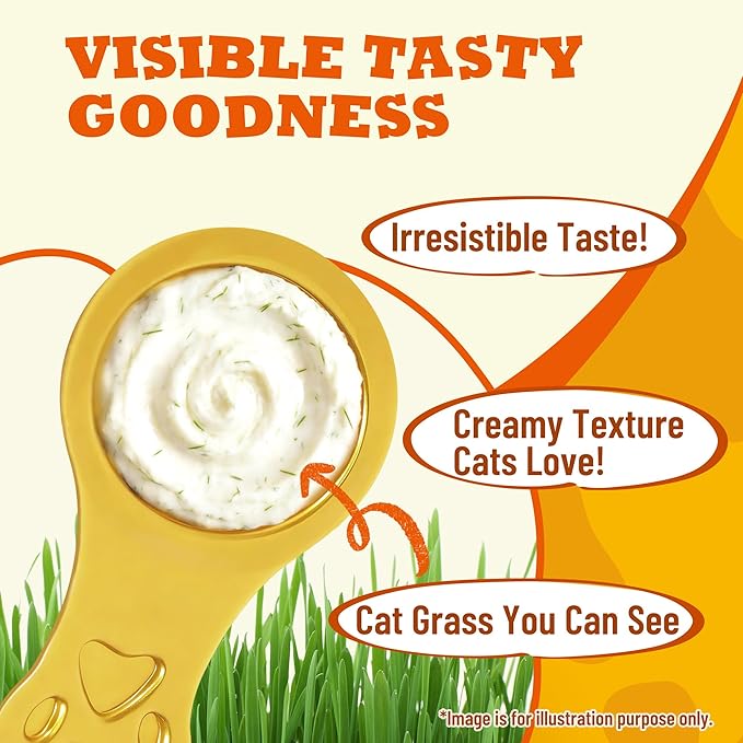 Lickable Cat Grass Treats with Lick-Up Spoons, Healthy Cat Grass Wet Cat Snacks for Hairball Control, Grain-Free Kitten Treats with Taurine, Vitamins&70% Real Chicken, 10.16 oz (24 Spoons)