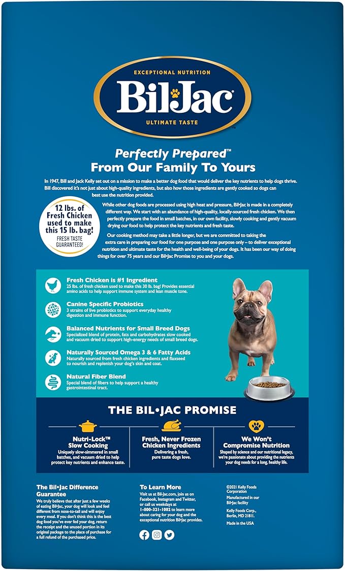 Bil-Jac Small Breed Adult Dry Dog Food | Chicken | Oatmeal & Yams Recipe | 15 lb