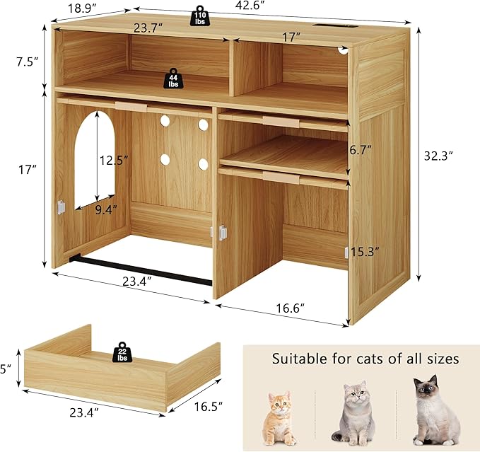 Einhomn Cat Litter Box Furniture 42'' Hidden Enclosure with Litter Drawer, Litterbox Cabinet with Storage, Boho Rattan Style Indoor Cat House Washroom, Fits Most of Litter Boxes