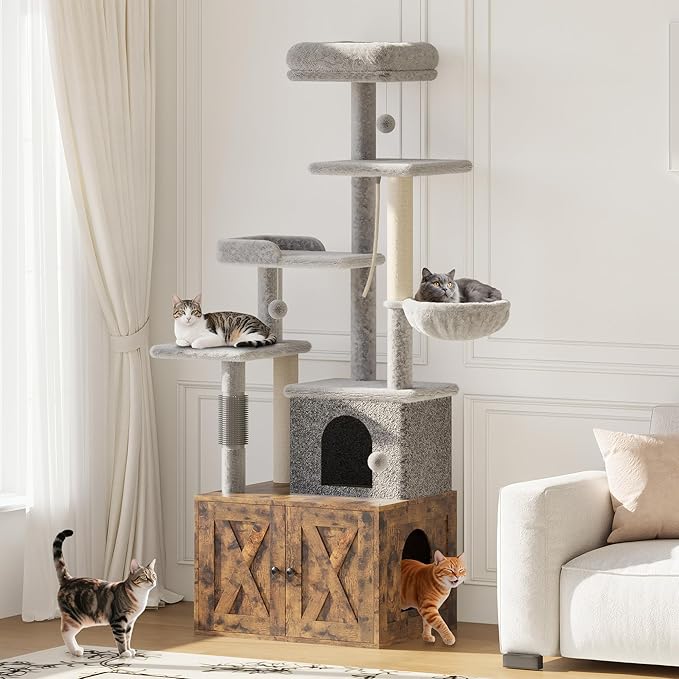 Litter Box Enclosure with Cat Tree, 2 in-1 Modern Cat Tower, Hidden Washroom Furniture, Wood Cat Condo with Scratching Post and Hammock, Indoor Pet Furniture with Multiple Platform, Rustic Brown