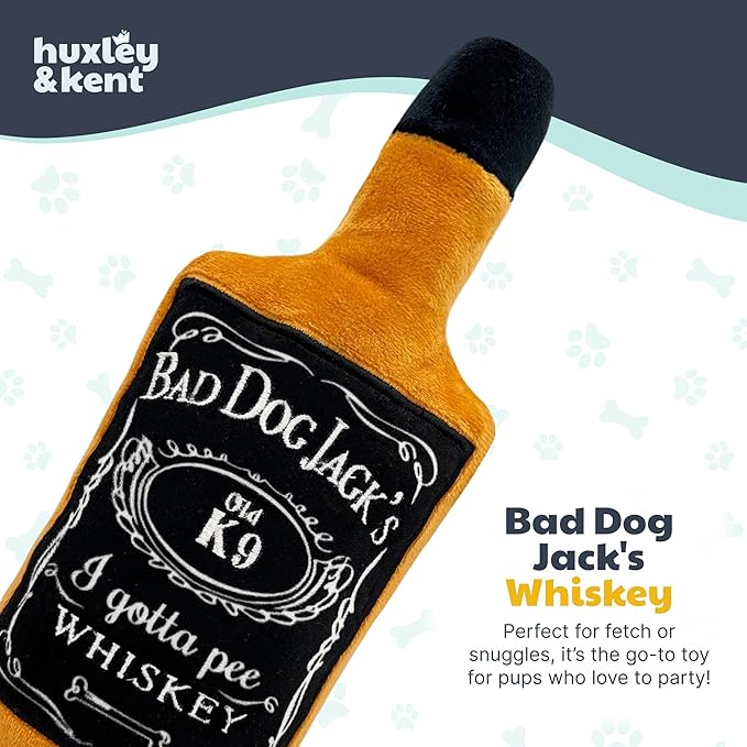 Huxley & Kent Funny Dog Toys w/Squeaker & Crinkle -Stimulating & Interactive Chew Toy for Dogs - Mesh Lined Stuffed Toy - Easy to Clean for All Breeds (Bad Dog Jack's Whiskey,Small)