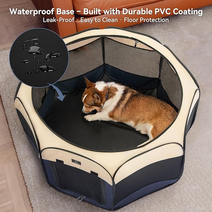 Dog Playpen for Small Dogs & Puppies, 29.92" Portable Indoor Outdoor Puppy Playpen with Bowl, Waterproof Floor, Foldable Pop-Up Pet Pen for Home, Travel & Daily Use, Blue+Beige