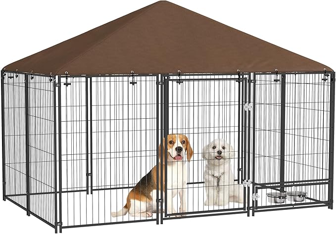 PawHut Outside Dog Kennel, 6.9' x 4.6' x 5' Puppy Play Pen w/Canopy, Secure Lock, Heavy Duty Welded Wire Steel, Rotating Bowl, Garden Playpen Fence Crate Enclosure Cage for Dogs Chickens Ducks, Black