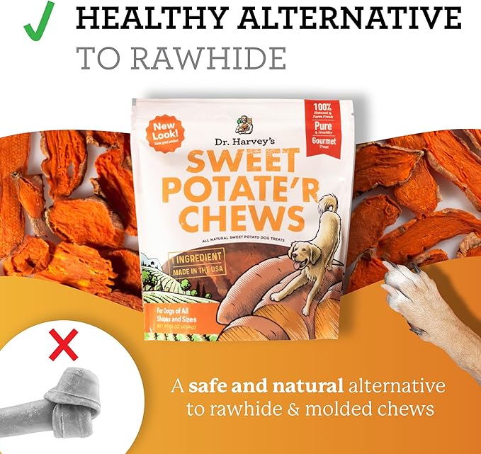 Dr. Harvey's Sweet Potato Chews for Dogs, Dog Treats for Small, Medium, Large Dogs, Natural Dog Snacks for Training, Healthy Teeth, Preventing Bad Breath, and Aggressive Chewers, USA Grown (1 Pound)