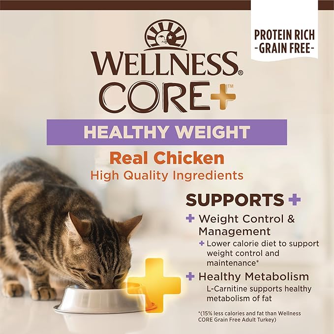 Wellness CORE+ Healthy Weight Adult Dry Cat Food, Natural, Grain Free Kibble, Chicken Recipe, 4.75 lb Bag