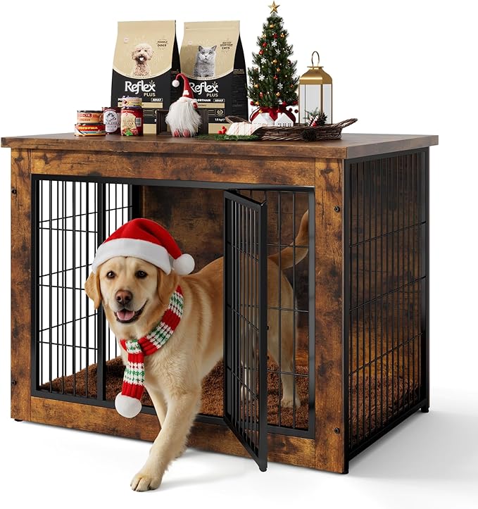 Dog Crate Furniture with Thick Cushion, Side End Table Wooden Dog Cage with Double Doors, Chew-Resistant Dog Kennel Dog House Indoor for Small to Large Dog