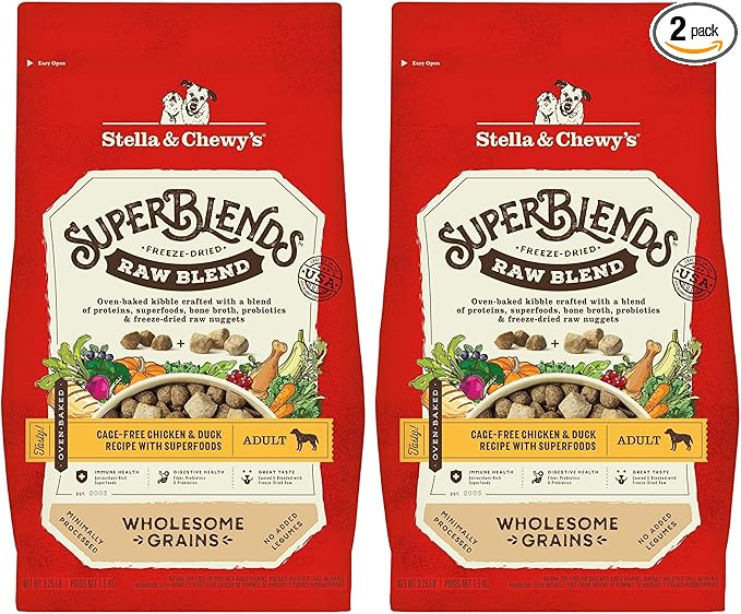 Stella & Chewy's SuperBlends Raw Blend Wholesome Grains Cage-Free Chicken & Duck Recipe with Superfoods, 3.25 lb. Bag (Pack of 2)