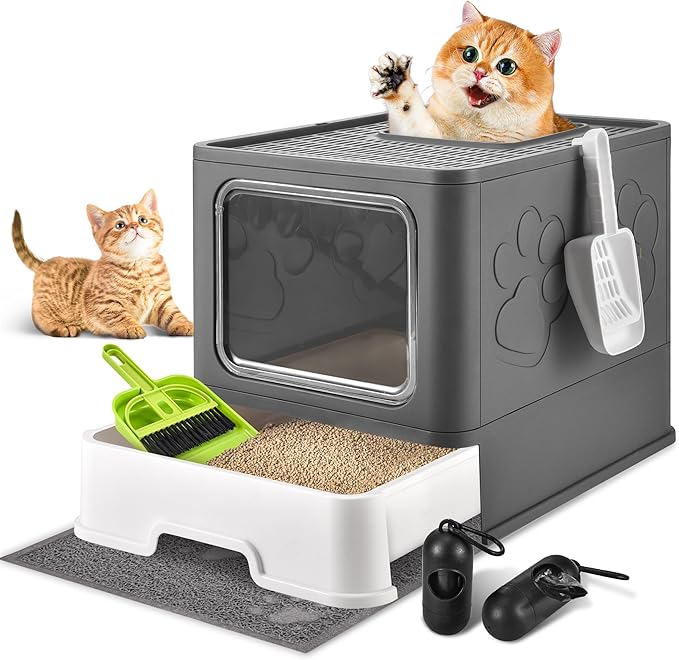 Cat Litter Box with Litter Mat, Foldable Extra Large Free in and Out/One-Way with Lid, Drawer Type Enclosed Kitty Litter Box,Odor Control Anti-Splashing Easy Cleaning (Dark Grey)