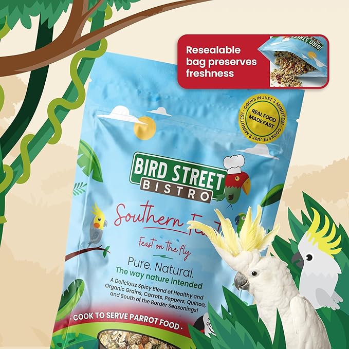 Bird Street Bistro Parrot Food for Parakeets & Cockatiels - Southern Feast - 20 oz - Cooks in 3-15 min, Natural Grains, Fruits & Vegetables - USA Made