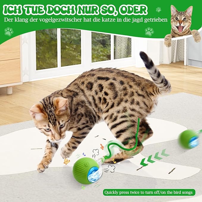 Tyware Interactive Cat Toys for Indoor Cats - Puppy Toys Ball with Tail,Realistic Bird Chirping,Smart Obstacle Avoidance and Auto Restart,Cat Puzzle Toys for Bored Indoor Adult Cats and Dog(Green)