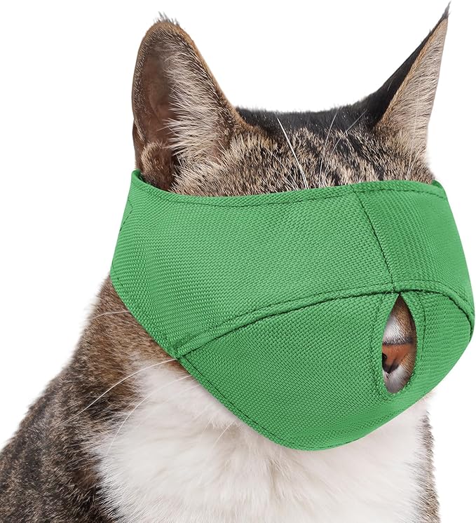 BARKLESS Cat Calming Muzzle for Grooming & Nail Trimming, Oxford Muzzle with Shading Design to Help Calm the Cat Down, Soft Head Cover to Prevent Biting & Scratching (Green, L)