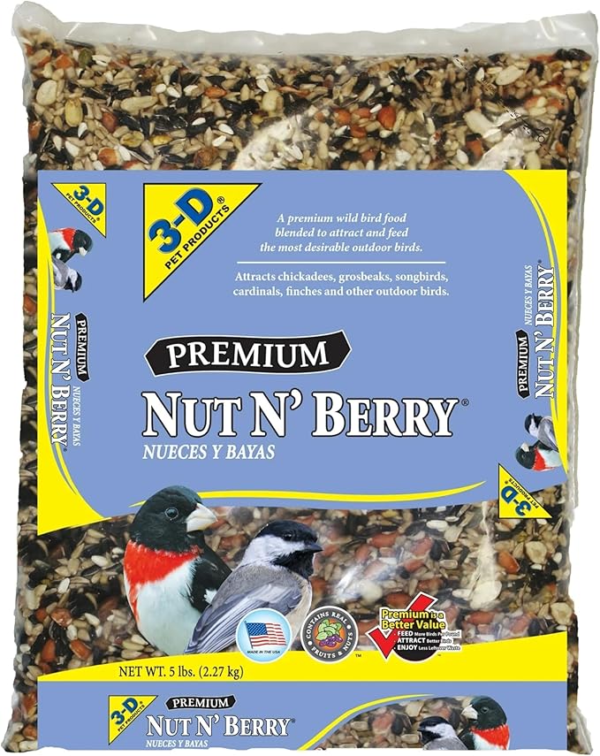 3-D Premium Nut N' Berry Wild Bird Food – Real Fruits, Nuts & Sunflower – No Fillers – Fortified with Vitamins & Electrolytes – Attracts Songbirds, Woodpeckers, Cardinals & More
