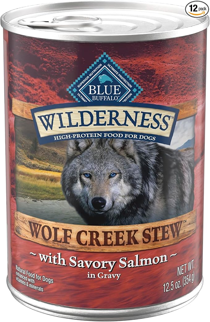 Blue Buffalo Wilderness Wolf Creek Stew High Protein, Natural Wet Food for Dogs, Hearty Salmon Stew in Gravy, 12.5-oz cans, 12 Count