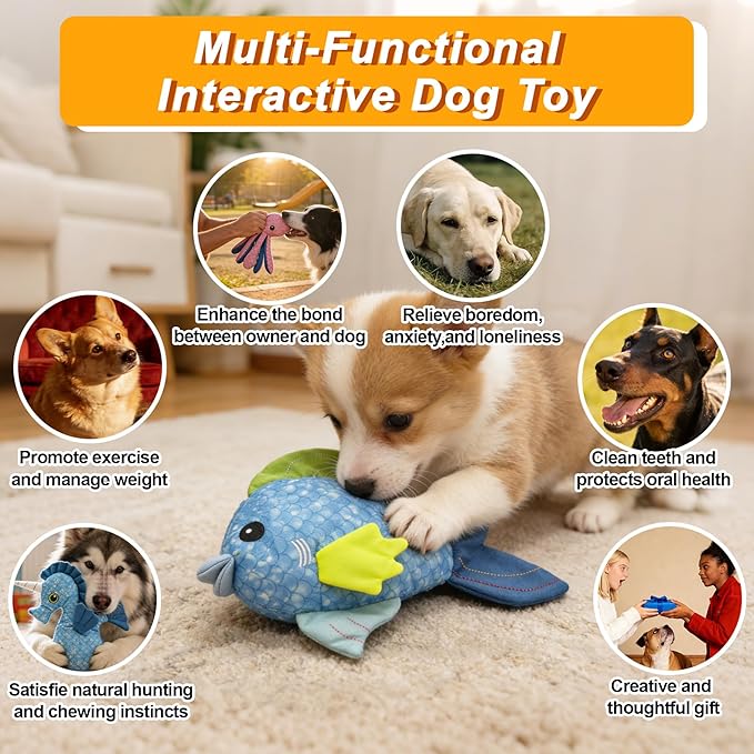 Recycled Canvas Fish Squeaky Dog Toy for Chewers Puppy Teething Chew Toy Cute Funny Blue Stuffed Animal Durable Interactive Dog Squeak Toy for Small Medium Large Dogs Toy Gift 27cm/10.63in