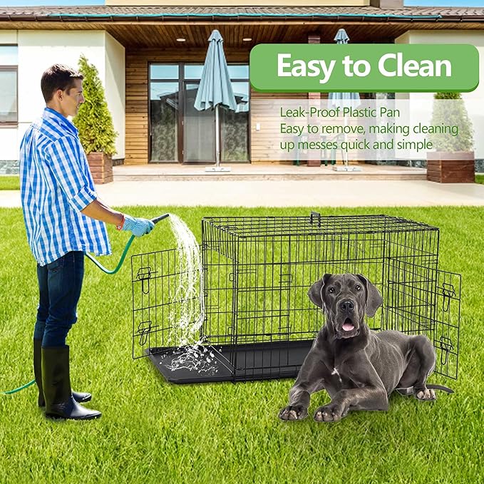 Dog Crate, 24/30/36/42/48 Inch Dog Crates for Small Medium Large Dogs Indoor, Folding Metal Dog Kennel Dog Cage with Double-Door, Divider Panel, Removable Tray, Locks and Handle, (48 Inch, Black)