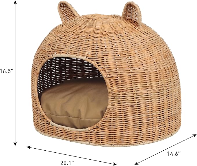 CBD1000B Cat Ear 20" x 14.5" Handwoven Water Hyacinth Pet Bed, Wicker Cat Hideaway Dome with Machine-Washable Cushion, Coastal Woven Pet House for Cats and Small Dogs, Light Brown