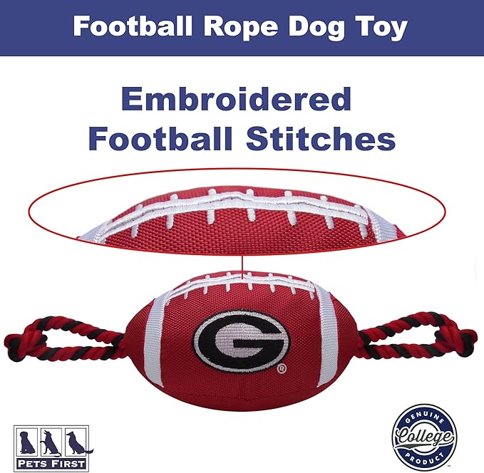 NCAA Georgia Bulldogs Football Dog Toy, Tough Quality Nylon Materials, Strong Pull Ropes, Inner Squeaker, Collegiate Team Color