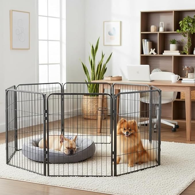 Dog Playpen w/Carrying Case for Indoor or Outdoor Use – 32 Inch, 16 Grey Panels - Portable Metal Exercise Pen for Small & Medium Dogs - Pet Fence Kennel Crate for House, RV, or Travel