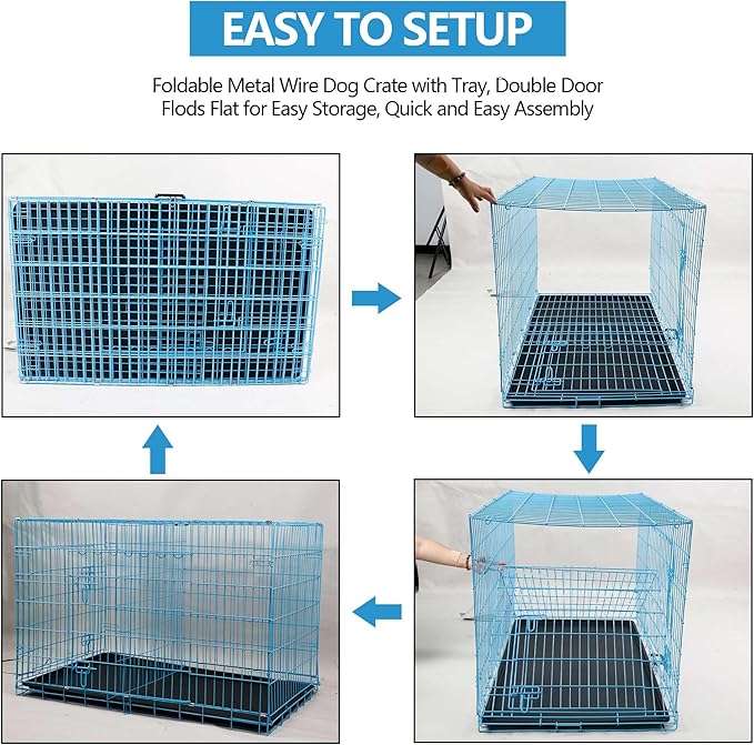 Dog Crate, 24/30/36/42/48 Inch Dog Crates for Small Medium Large Dogs Indoor, Folding Metal Dog Kennel Dog Cage with Double-Door, Divider Panel, Removable Tray, Locks and Handle, (36 Inch, Blue)