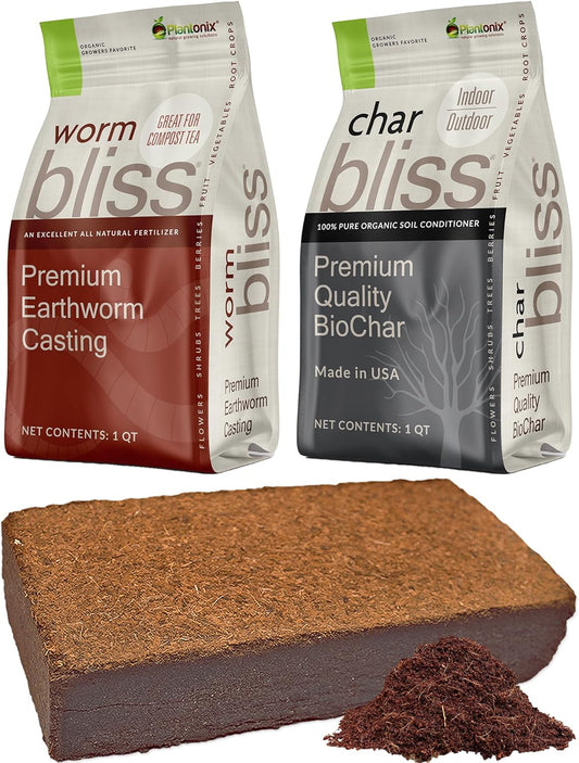 Coco Coir Brick (650gms) + Worm Bliss (1 Qt) + Char Bliss (1 Qt) - Organic Coco Coir for Plants - Worm Castings & Biochar for Plants - Soil Amendment & Organic Fertilizer Bundle - Potting Soil Mix