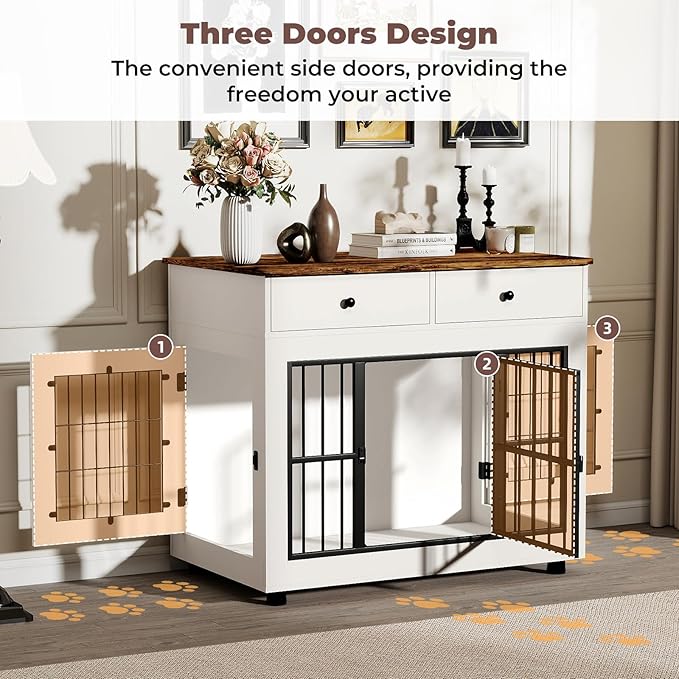 40 inch Dog Crate Furniture-Farmhouse Dog Kennel with Drawers-Heavy Duty End Table Wooden Pet Crate, Decorative Dog House Indoor for Small Medium Large Dog, White
