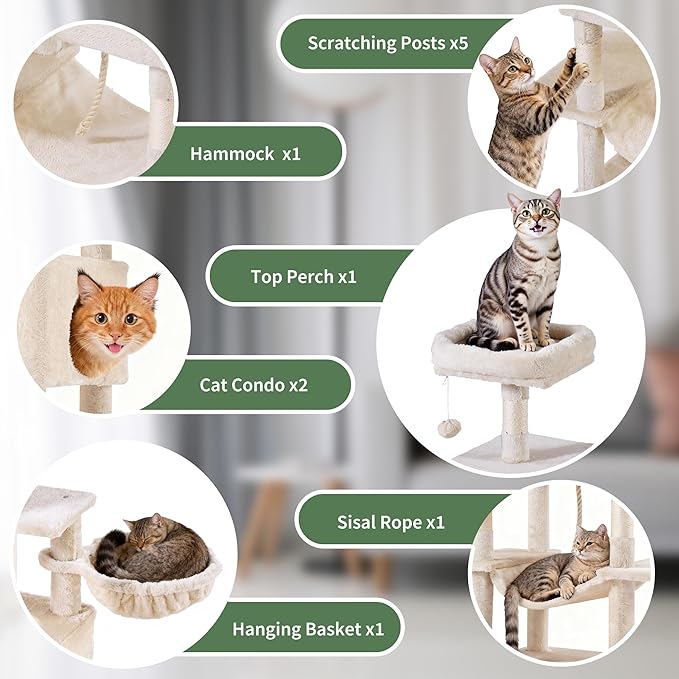 Cat Tree for Indoor Cats, 66 Inches Cat Tower with Scratching Post, Multi-Level Climbing Tree Cat House Padded Plush Perch, Cat Condo Activity Center with Pompoms, Kittens Pet Play House, Light Gray