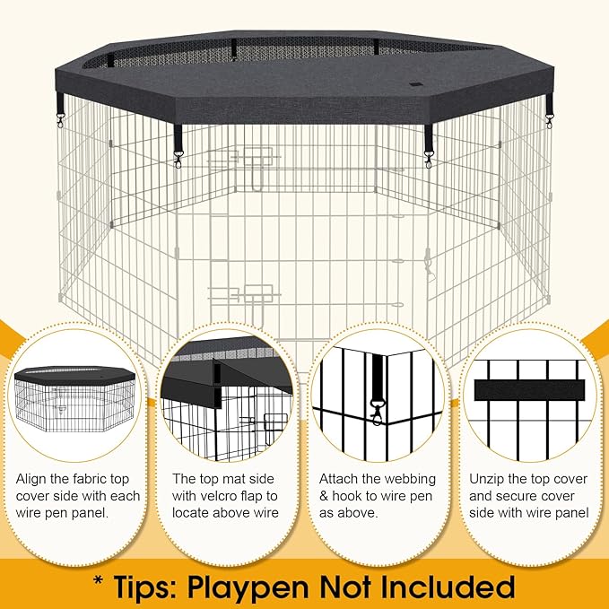 Dog Playpen Regular Octagon Metal Exercise Pet Playpen 8 Panels 24 Inch Mesh Top Cover for Small Medium Pets Indoor Outdoor(Only Cover,Playpen Not Included)(Black Top Cover)