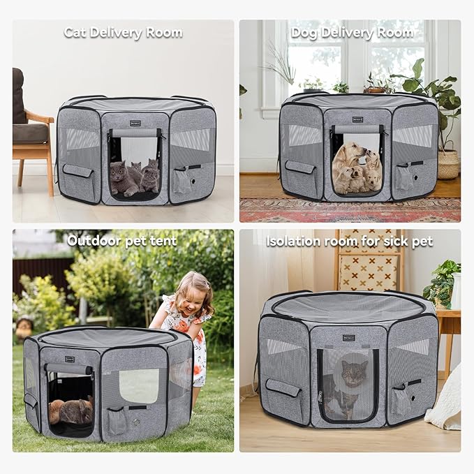 Petsfit Puppy Dog Playpen Indoor, Small Playpen for Dogs Cat Playpen Outdoor, Portable with Carrying Case, Removable Zipper Sealed Cover Playpen Mat Grey Small (29.5"x29.5"x16.5"H)