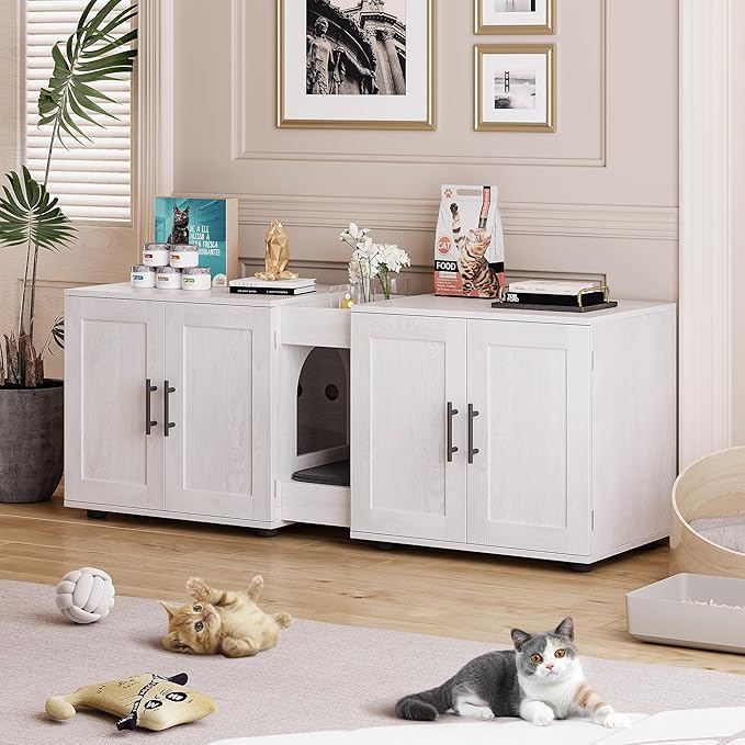 Cat Litter Box Enclosure for 2 Cats,55" Large Hidden Litter Box Furniture with Barn Door & Double Rooms,Modern Indoor Pet House TV Stand Side Table,Cats Washroom,for Bedroom Living Room,White