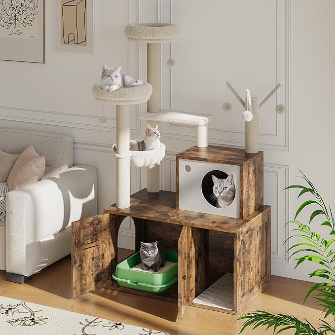 Furniture Style Cat Tree Tower & Hidden Litter Box Cabinet Combo – Multi-Level Cat House with Sisal Scratching Posts, Perch & Luxury Hammock