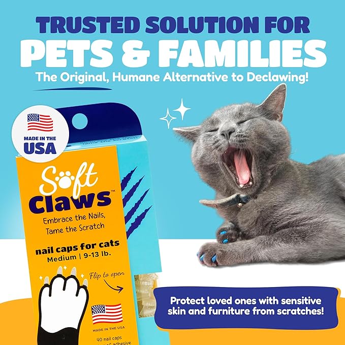 Soft Claws Cat Nail Caps for Medium Cats – (40 Caps, Blue & Red) - Made in USA - Veterinarian-Developed | Protects Furniture & Skin - Easy to Apply, Long-Lasting Anti-Scratch Soft Cat Claw Covers